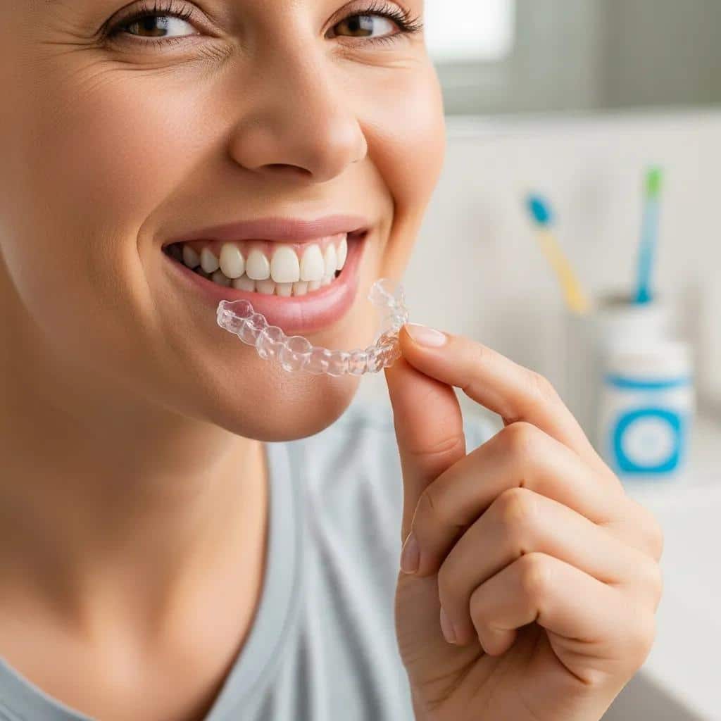 Patient wearing a clear Invisalign aligner, showing discreet appearance and comfortable fit