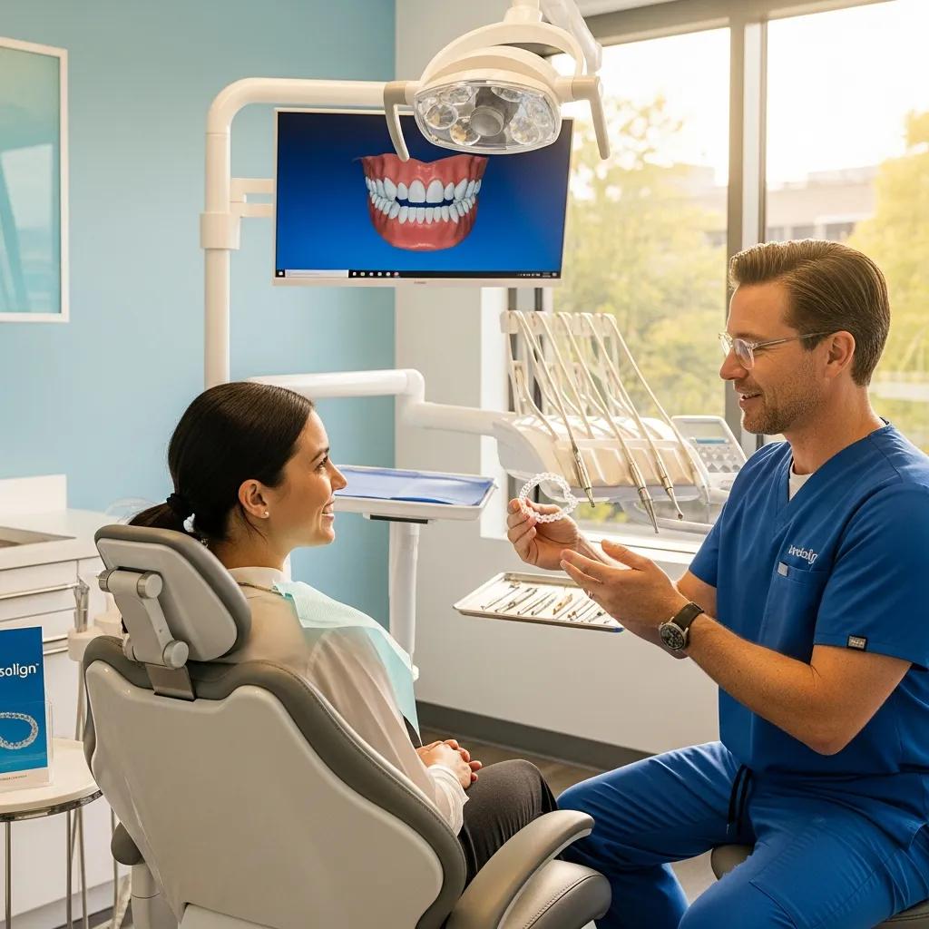 Smiling patient consulting with orthodontist about Invisalign treatment in a bright dental office