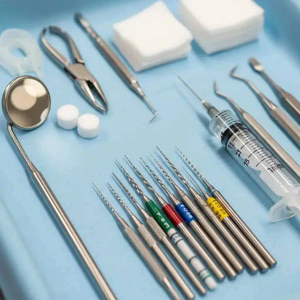 Close-up of dental tools used during a root canal procedure, highlighting precision, sterile instruments, and careful treatment