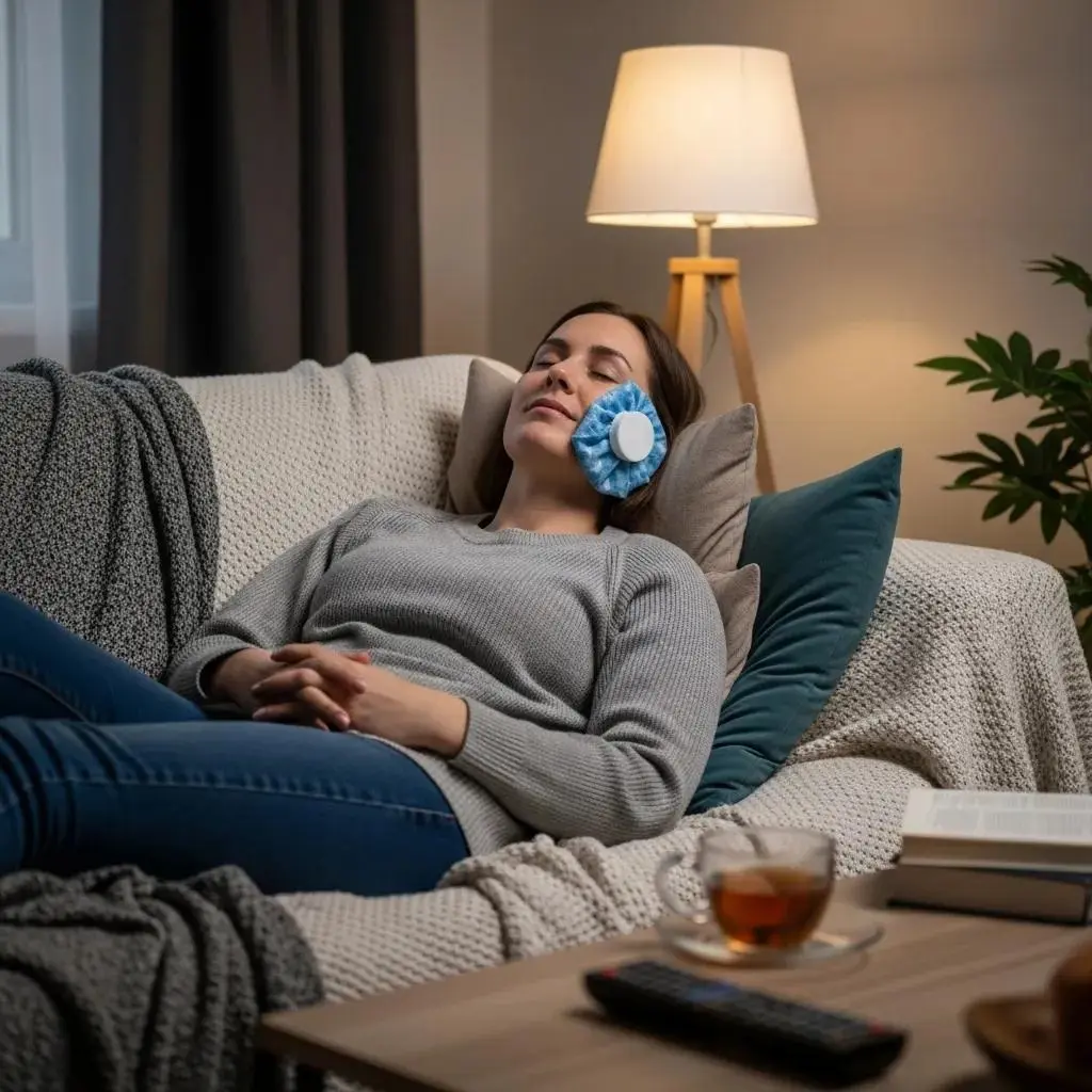 Patient resting with ice pack on jaw after root canal procedure recovery at home