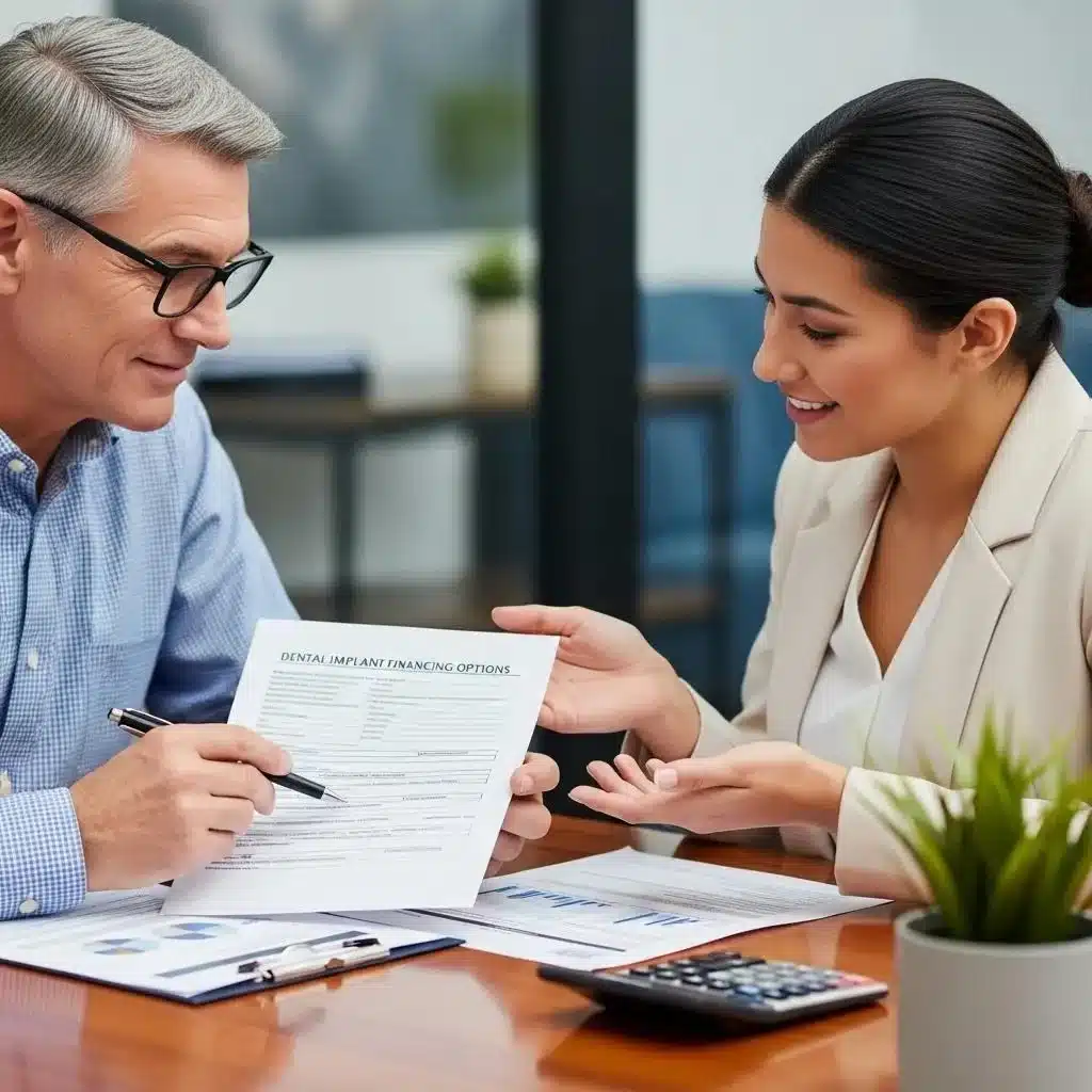 Patient discussing dental implant financing options with a financial advisor in a professional office setting