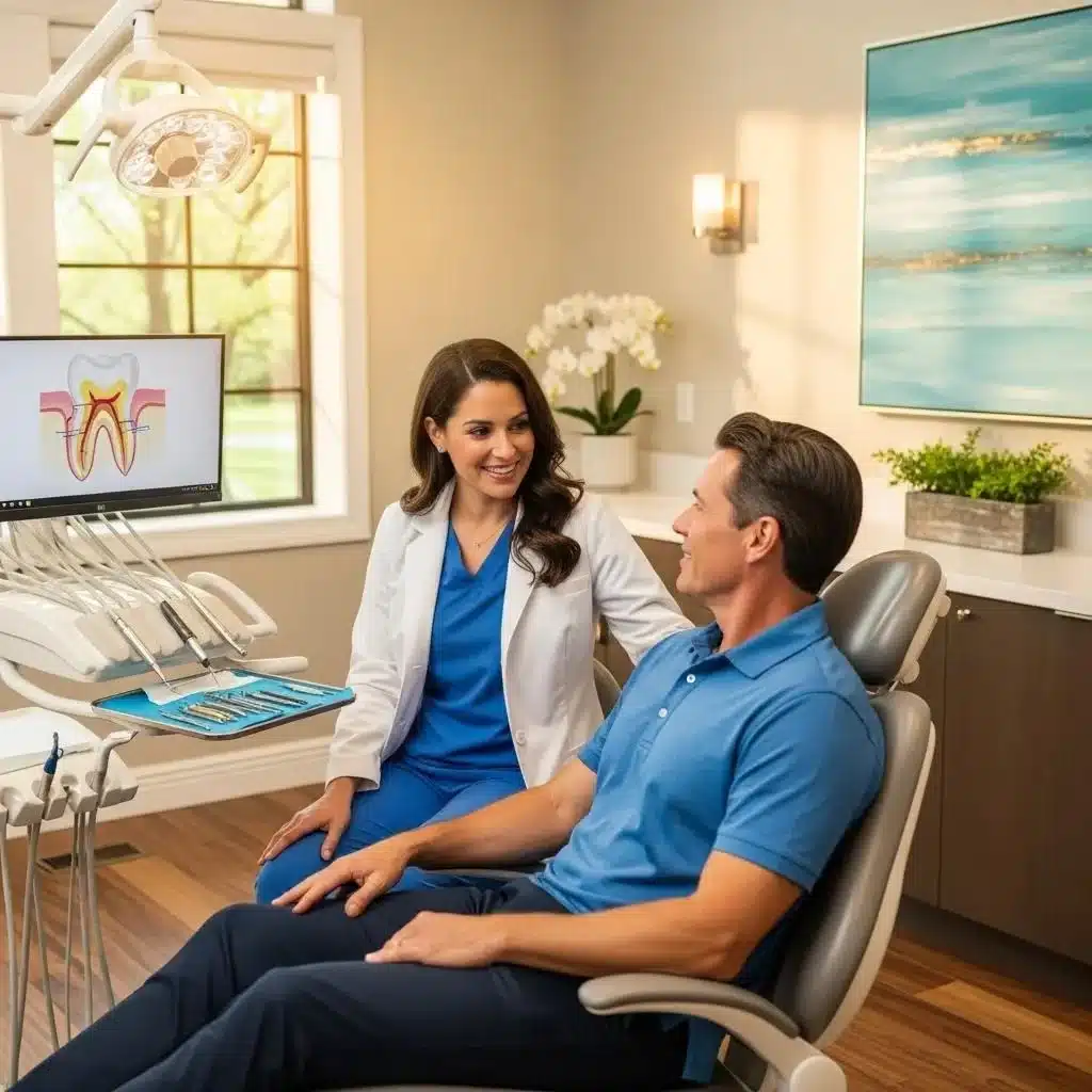 Patient discussing dental implant financing options with a financial advisor in a professional office setting